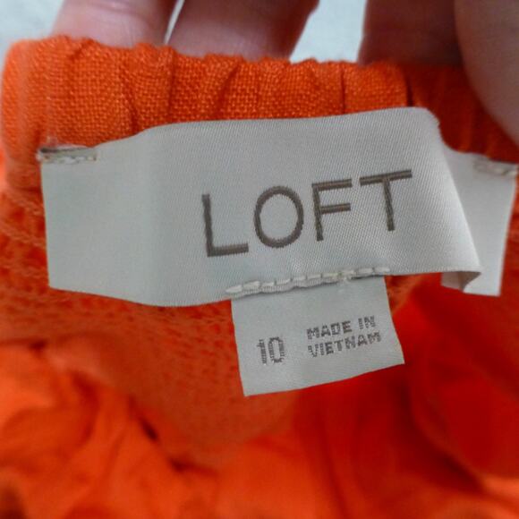 Loft Dress Womens 10 Orange Smocked Puff Sleeves Linen Blend Slit Long - Picture 8 of 10